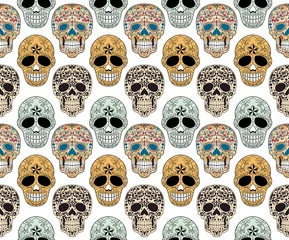 Muurstickers Schedel Kleurrijke schedel met sierpatroon. Halloween. Naadloze moderne abstracte achtergrond. - vector