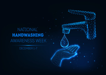 Futuristic handwashing banner with glowing low polygonal human hand, water drop and bathroom faucet.