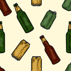 Vector hand drawn seamless pattern of colorful cans and bottles in the engraving style.