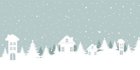 Fairy tale winter landscape. Seamless border. Christmas background. There are white silhouettes of fantastic houses background. Vector illustration