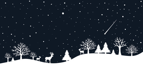 Un paysage hivernal de conte de fées. Bordure lisse. Fond de Noël. Il y a une silhouette fantastique d& 39 arbres blancs et de cerfs avec un fond bleu foncé. Illustration vectorielle