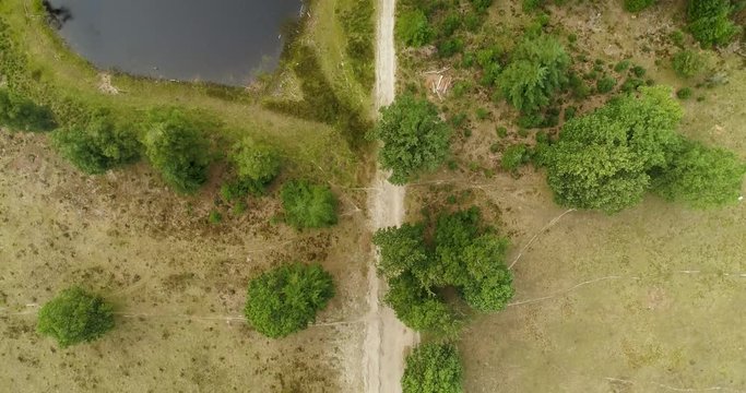 Top Down Shot Following a Path Next to a Pond and a Forest of Drents Friese Wold, Friesland, The Netherlands &ndash; 4K Drone Footage