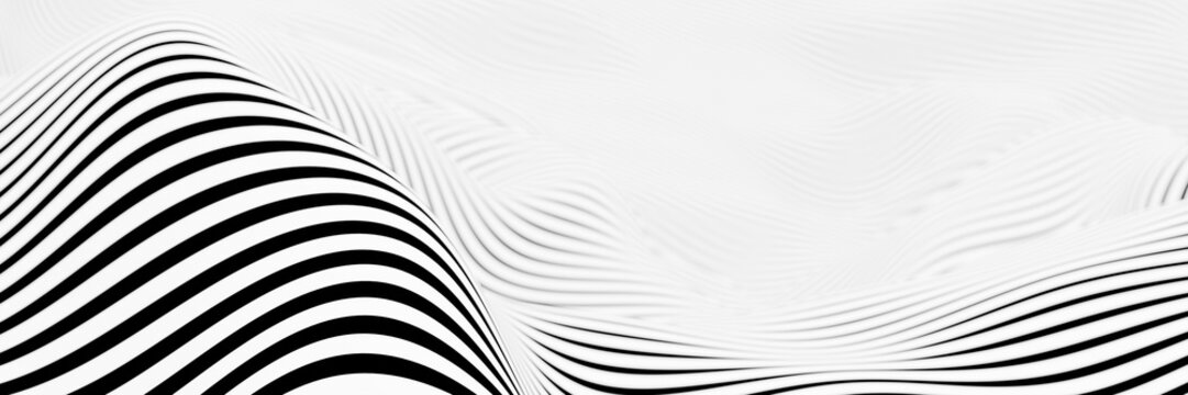 Abstract striped surface, black and white original 3d rendering