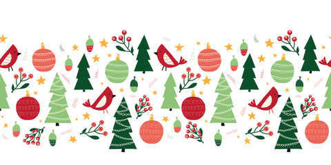 Christmas trees, birds, ornaments, mistletoes seamless vector border. Scandinavian style green and red Christmas holiday repeating pattern. Cute Winter forest. Use for ribbons, fabric trim, cards
