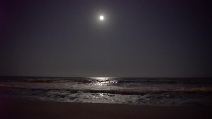 Waves break on the dark beach under a bright moon and stars spread across the night sky at the ocean. - Powered by Adobe