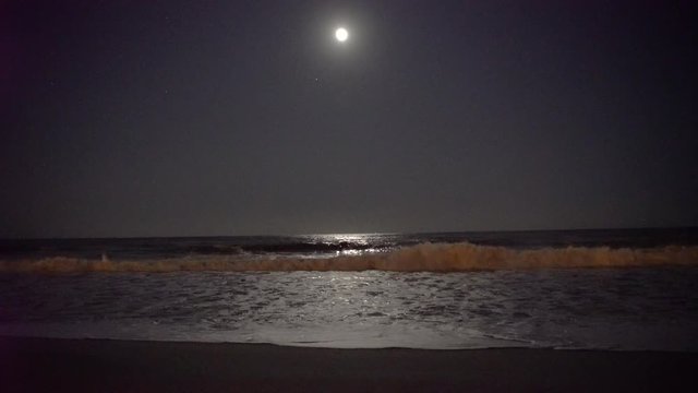 Waves break on the dark beach under a bright moon and stars spread across the night sky at the ocean.