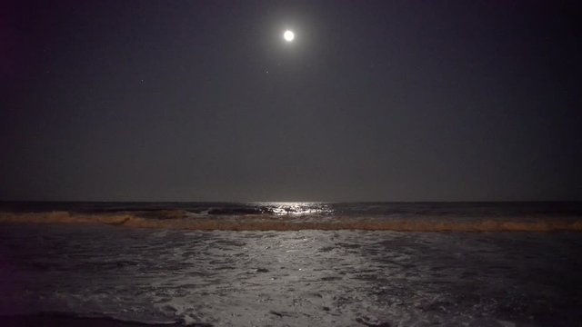 Waves break on the dark beach under a bright moon and stars spread across the night sky at the ocean.