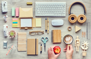 Concept flat lay with modern office supplies from eco friendly sustainable materials, craft paper, bamboo, and wood. Organize workspace routines without single use plastic to reduce waste.
