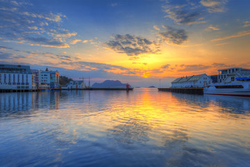 Fototapeta na wymiar Beautiful sunset in the harbor of Alesund town, Norway