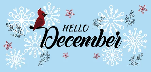 Deurstickers Hello December seasonal vector illustration. Winter background with Christmas decorations. © Carla Nichiata