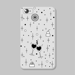 Protective mobile phone case with elements  for Valentine's Day on white background. Vector drawing in linear style.