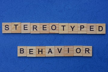 word stereotyped behavior made from brown wooden letters lies on a blue table  