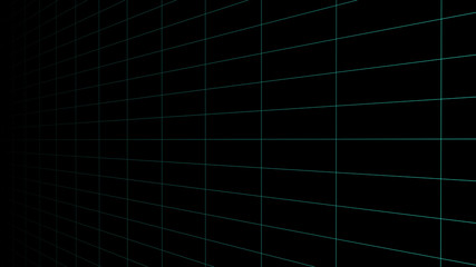 Gradient vector perspective curved grid. Detailed lines on black background.