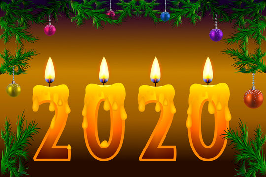 БезымянBurning candles on black background, number 2020, new year concept. Happy new year greetings poster. Symbolic festive glowing candles over copy space. Border with Christmas tree branches.ный-2