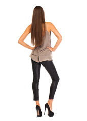 Fototapeta premium Elegant glamour woman wearing blouse and black leggins