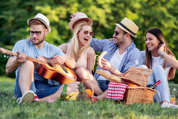 Happy young friends having picnic in the park