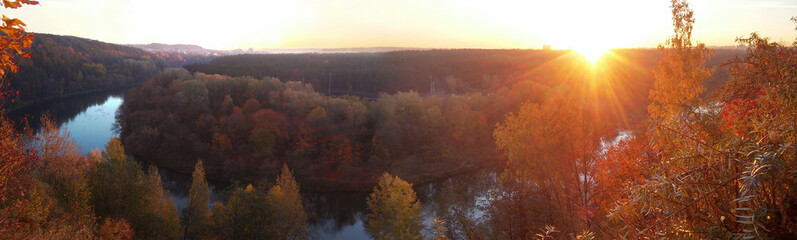 Autumn sunrise landscape from above with river loop.