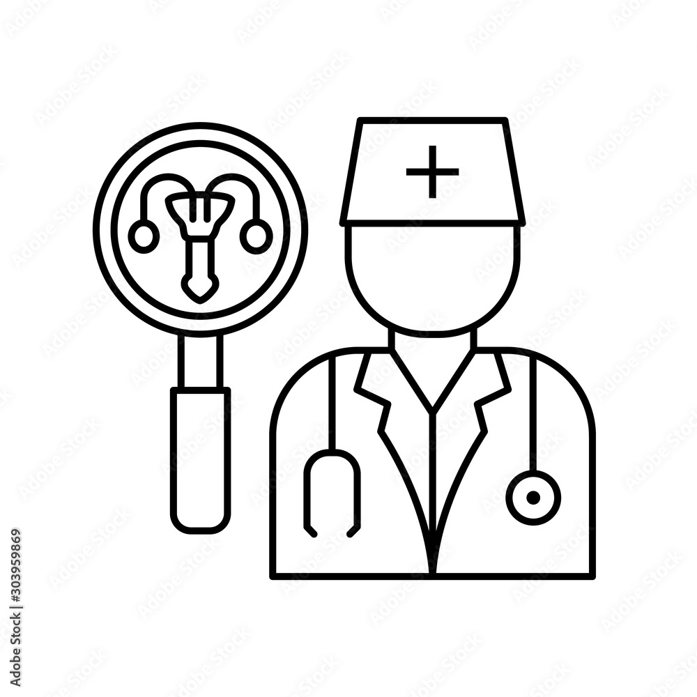 Poster urologist search urethra icon. simple line, outline vector of urology icons for ui and ux, website o