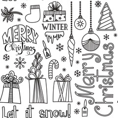 Christmas seamless pattern. Doodles objects isolated on white background. Merry Christmas hand drawn lettering. Vector illustration. Perfect for wrapping paper, wallpaper, fabric print