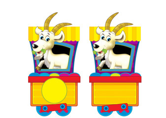 Cartoon funny looking steam wagon with animal goat on white background - illustration for children
