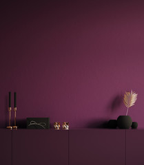 Minimal decorated dark deep color room with chest of drawers and vase with branch, 3d render