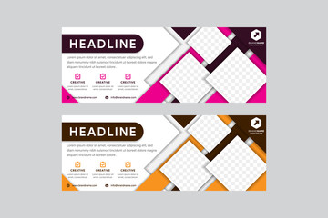 Red and gold abstract corporate business banner template, horizontal advertising layout. flat design. clean geometric cover header background for website design. square space for photo collage. 