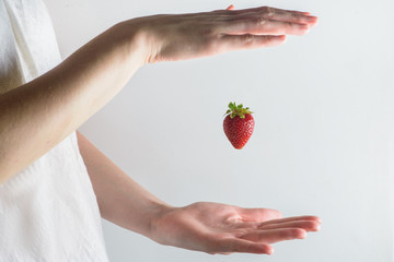 little ripe strawberry flying between two hands