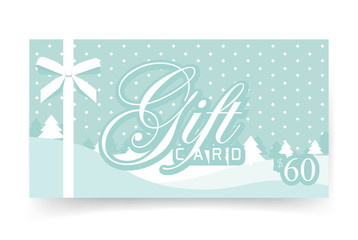 Gift card with thin white bow ribbon for Christmas or new year winter sale vector illustration, modern flat design of voucher or certificate template and text in pastel color, elegant coupon offer