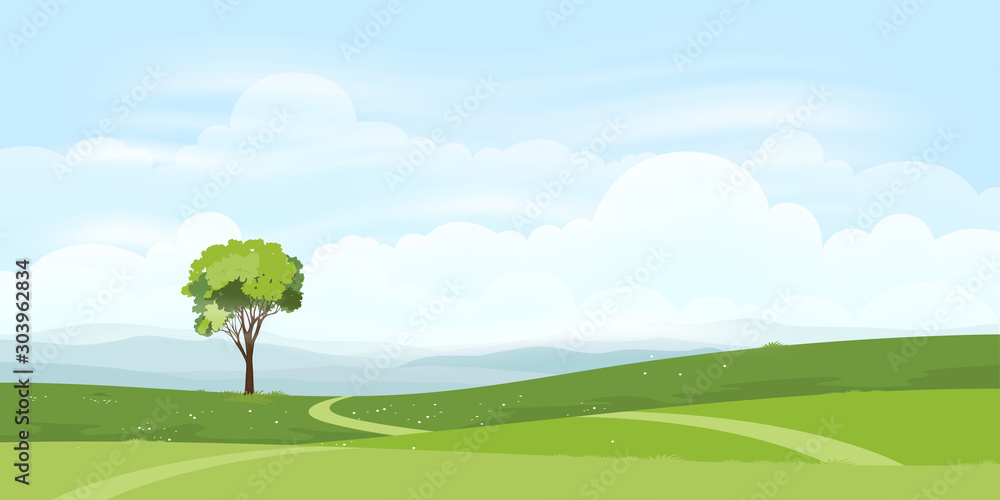 Wall mural cartoon nature landscape background of green hills with skyline, panorama lanscape of fresh green fi