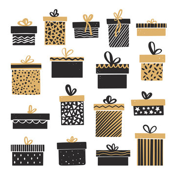 Set of Christmas gift boxes with bows. Vector illustration in hand drawn style