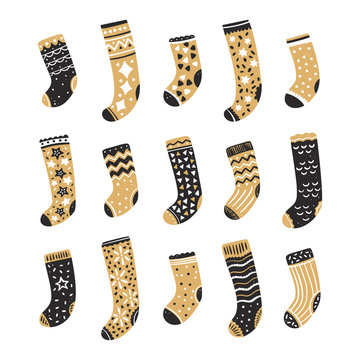 Set of christmas socks in black and gold design. Vector illustration in cartoon style