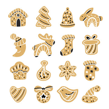 Set of Christmas gingerbread. Sweet cookies in the shape of a star, snowflake, horse, house, mittens, bell and heart. Vector illustration in cartoon style