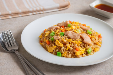 Fried rice chicken with egg and vegetables on white plate.