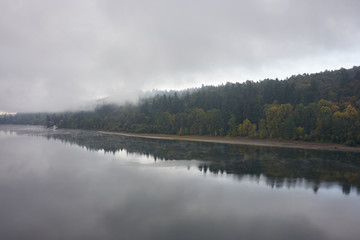 Willamette River viewed from Sellwood Bridge in Portland on a misty fall morning.