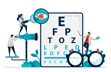 Doctor checks patient eyes health with snellen chart, glasses for eye disease. eye clinic or optical eyewear store. optician professional. Illustration for business card, banner, brochure, flyer, ads - obrazy, fototapety, plakaty