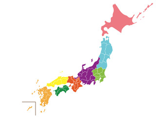 八地方区分日本地図　カラフル