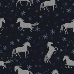 Seamless pattern with gray horses and snowflakes. Vector graphics.