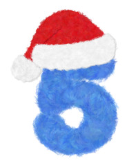 3D “Blue wool fur feather character Number” creative decorative with Red Christmas hat, Number 5 isolated in white background has clipping path and dicut. Design font for Christmas holiday fashion.
