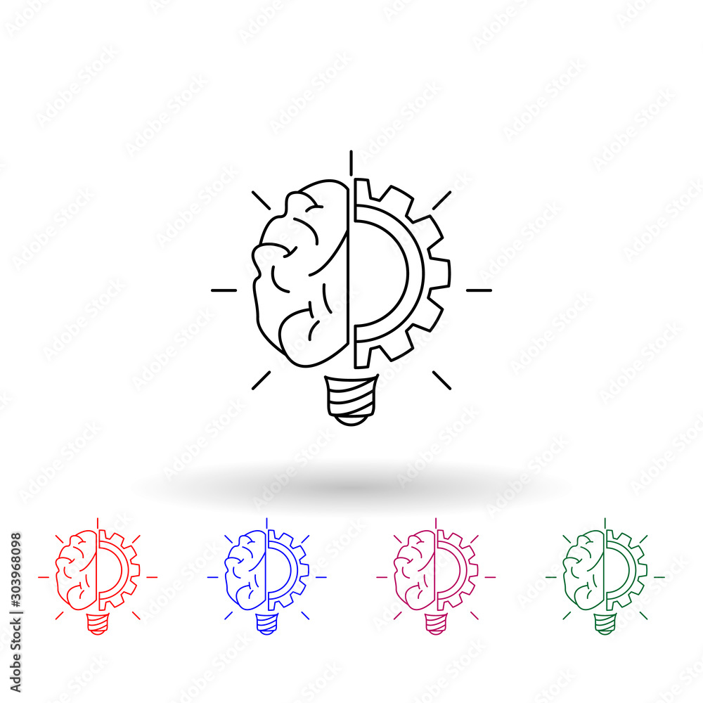 Poster lamp brain and gear multi color icon. simple thin line, outline vector of idea icons for ui and ux, 