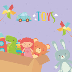 Obraz na płótnie Canvas toys cardboard box with doll bear rabbit wind game car lettering