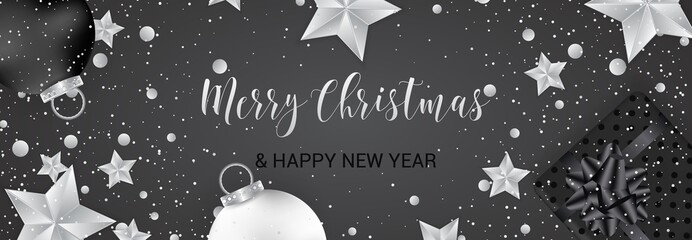 Merry Christmas banner. Cristmas festive background with objects in silver and black colors.