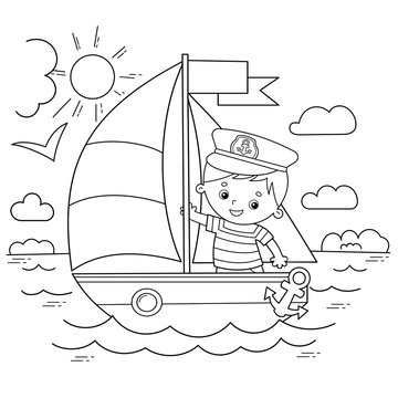 Coloring Page Outline of cartoon sail ship with sailor on the deck. Profession. Coloring book for kids.