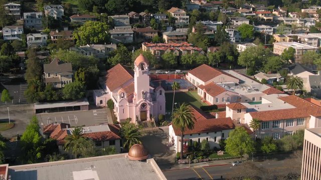 Aerial: Church of Saint Raphael in downtown San Rafael in Marin County. California, USA . 20 April 2019