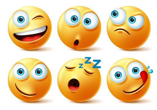 Emoticon faces vector set. Emoticons of yellow face in naughty, sleepy, hungry, surprise and angry in 3d realistic avatar isolated in white background. Vector illustration.