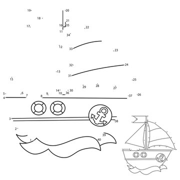 Puzzle Game for kids: numbers game. Cartoon sail ship. Coloring book for children.