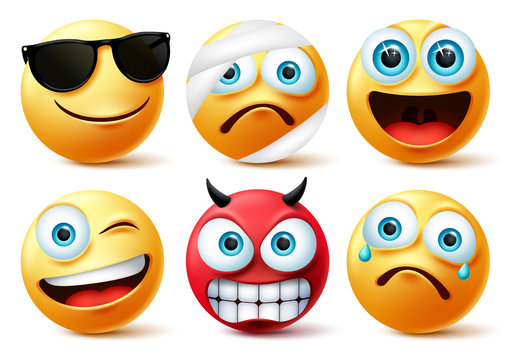 Naklejka Emoticon or emoji face vector set.Emojis yellow face icon and emoticons in devil, injured, surprise, angry and funny facial expressions isolated in white background. Vector illustration.