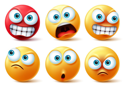 Emoticons face vector set. Emojis yellow icon and emoticon faces with angry red, surprise, cute, crazy and funny facial expressions design elements isolated in white background. Vector illustration. 