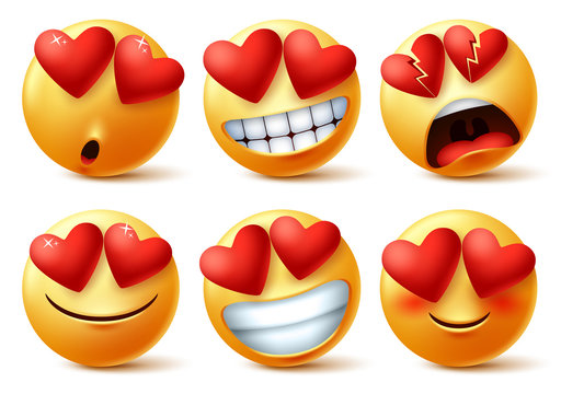 Emoticons or emojis face with heart eye vector set. Emoji of red hearts with in love, broken, blissful, happy and funny for love sign and symbol isolated in white background. Vector illustration.  