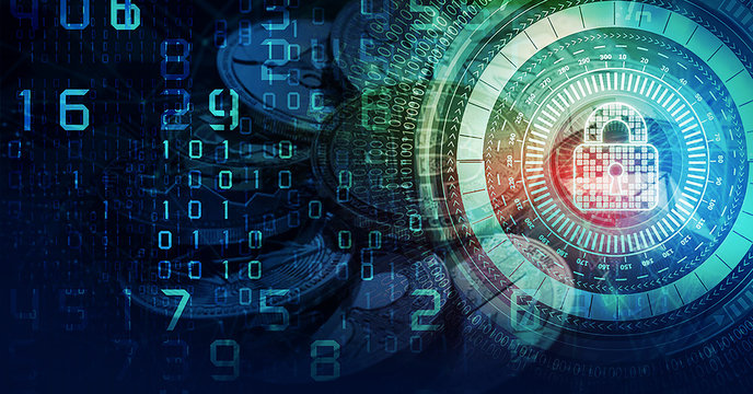 Cryptocurrency and new virtual money concept. Blockchain technology for cryptocurrency. Abstract background, web banner. Digital internet technology, information protection. 