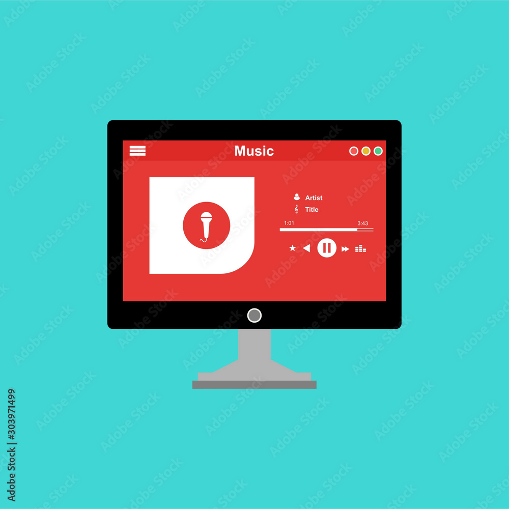 Aufkleber music player app interface vector color template. media player navigation screen. flat ui, gui. play